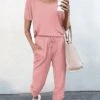 Women's Loungewear Sets Pure Color Fashion Casual Comfort Street Daily Date Polyester Breathable Crew Neck Short Sleeve T Shirt Tee Pant Pocket Elastic Waist Summer Fall Black Pink -Ladies Pajamas Store wktuia1689506595328