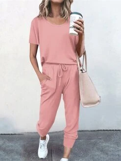 Women's Loungewear Sets Pure Color Fashion Casual Comfort Street Daily Date Polyester Breathable Crew Neck Short Sleeve T Shirt Tee Pant Pocket Elastic Waist Summer Fall Black Pink