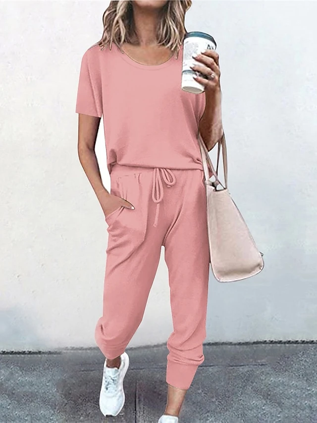 Women's Loungewear Sets Pure Color Fashion Casual Comfort Street Daily Date Polyester Breathable Crew Neck Short Sleeve T Shirt Tee Pant Pocket Elastic Waist Summer Fall Black Pink 3 Women's Loungewear Sets Pure Color Fashion Casual Comfort Street Daily Date Polyester Breathable Crew Neck Short Sleeve T Shirt Tee Pant Pocket Elastic Waist Summer Fall Black Pink