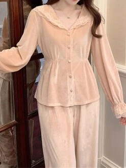 Women's Pajamas Sets Pure Color Casual Comfort Soft Home Daily Bed Velvet Breathable Lapel Long Sleeve Shirt Pant Button Fall Winter Pink Beige -Ladies Pajamas Store wlklak1697161960411