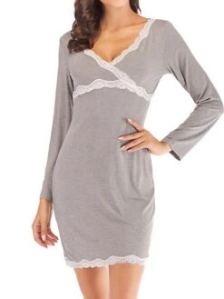 Women's Pajamas Nightgown Nighty Pure Color Simple Comfort Home Daily Bed Modal Breathable Gift V Wire Long Sleeve Lace Basic Spring Summer Black Gray -Ladies Pajamas Store wmpzgv1647237786313