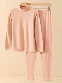 Women's Delong Thermal Underwear Pure Color Simple Casual Comfort Home Daily Going Out Polyester Warm Stand Collar Long Sleeve Pant Elastic Waist Fall Winter Light Pink Pink -Ladies Pajamas Store wnfhri1697161965165