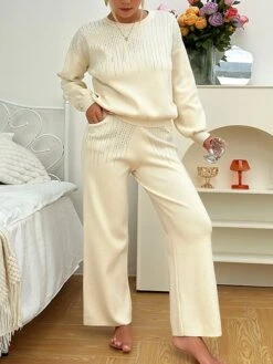 Women's Lounge Sets Pure Color Fashion Comfort Soft Home Daily Going Out Rayon Breathable Crew Neck Long Sleeve Sweater Pant Fall Winter Beige -Ladies Pajamas Store wnqxsr1691566030331