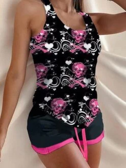 Women's Halloween Lounge Sets Skeleton Rose Pattern Heart Flower Casual Comfort Home Halloween Bed Polyester Breathable Crew Neck Short Sleeve Tank Top Shorts Fall Winter Red Black Black -Ladies Pajamas Store wnqyyh1696751800018