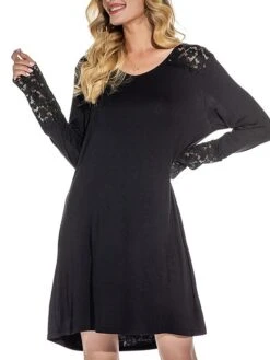 Women's Pajamas Nightgown Nightshirt Dress Pure Color Simple Casual Soft Home Daily Bed Cotton Breathable Crew Neck Long Sleeve Summer Spring Lake Blue Black -Ladies Pajamas Store woacmx1694766966550