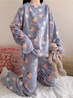 Women's Fleece Coral Pajamas Sets Cartoon Fruit Fashion Plush Casual Home Daily Bed Coral Breathable Crew Neck Long Sleeve Pant Summer Fall Lotus Pink Black -Ladies Pajamas Store wodvvb1697103821380