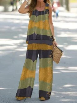 Women's Petite Sets 2 Pieces Geometic Casual Comfort Street Daily Polyester Breathable Crew Neck Summer Spring Yellow Pink -Ladies Pajamas Store womkny1686730228481