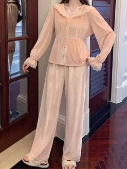 Women's Pajamas Sets Pure Color Casual Comfort Soft Home Daily Bed Velvet Breathable Lapel Long Sleeve Shirt Pant Button Fall Winter Pink Beige -Ladies Pajamas Store wpbmzh1697161959264