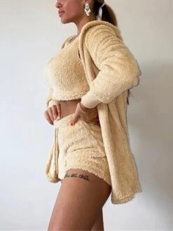 Women‘s Pajamas Winter Sets Nighty Pjs 3 Pieces Pure Color Comfort Soft Plush Home Daily Bed Fleece Warm Hoodie Short Pant Hoodie Shorts Pocket Winter Fall Green Purple -Ladies Pajamas Store wpejay1663903468694