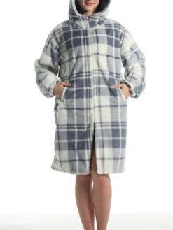 Women's Robe Grid / Plaid Plush Casual Comfort Home Daily Bed Flannel Warm Breathable Hoodie Long Sleeve Pocket Fall Winter Gray -Ladies Pajamas Store wpybpo1695373709458
