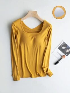 Women's Square Neck Pajama Top With Chest Pads Loungewear Top Pure Color Fashion Casual Comfort Home Street Daily Polyester Breathable Square Neck Long Sleeve Fall Winter Black White Yellow