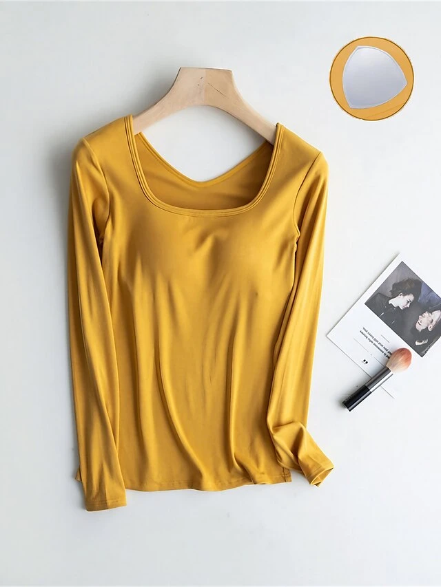 Women's Square Neck Pajama Top With Chest Pads Loungewear Top Pure Color Fashion Casual Comfort Home Street Daily Polyester Breathable Square Neck Long Sleeve Fall Winter Black White Yellow 3 Women's Square Neck Pajama Top With Chest Pads Loungewear Top Pure Color Fashion Casual Comfort Home Street Daily Polyester Breathable Square Neck Long Sleeve Fall Winter Black White Yellow