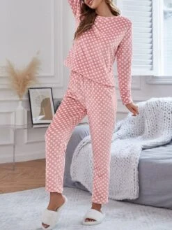 Women's Fleece Pajamas Sets Flannel Warm Dot Warm Fashion Plush Home Daily Bed Breathable Crew Neck Long Sleeve Pant Fall Winter Pink -Ladies Pajamas Store wrdhqr1695023631461