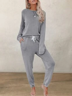 Women's Loungewear Sets Pure Color Sport Casual Comfort Home Street Daily Polyester Breathable Crew Neck Long Sleeve T Shirt Tee Pant Pocket Fall Winter Black Blue -Ladies Pajamas Store wsbrjn1697074755361