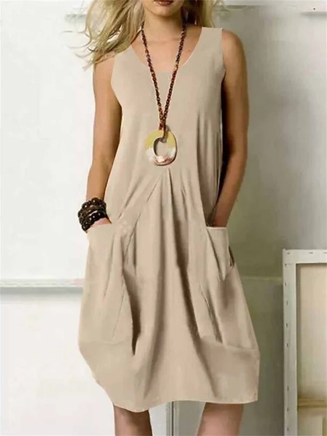 Women's Loungewear Nightshirt Dress Pure Color Fashion Casual Soft Home Street Daily Cotton Breathable Crew Neck Sleeveless Dress Pocket Summer Spring Army Green Orange 5 Women's Loungewear Nightshirt Dress Pure Color Fashion Casual Soft Home Street Daily Cotton Breathable Crew Neck Sleeveless Dress Pocket Summer Spring Army Green Orange - Image 3