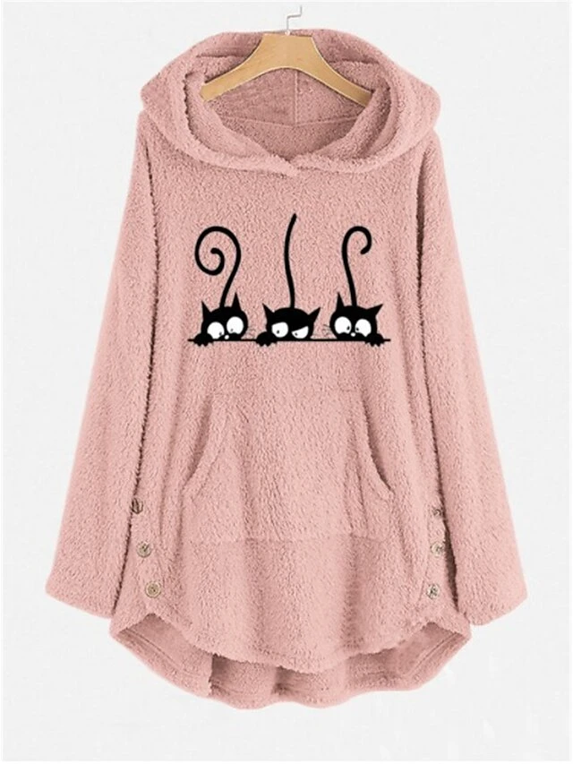 Women's Loungewear Top Cat Fashion Plush Halloween Street Date Fleece Breathable Hoodie Long Sleeve Button Pocket Fall Winter Lotus Pink Black 5 Women's Loungewear Top Cat Fashion Plush Halloween Street Date Fleece Breathable Hoodie Long Sleeve Button Pocket Fall Winter Lotus Pink Black - Image 3