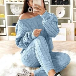 Women's Loungewear Sweatsuit Sets 2 Pieces Pure Color Warm Fashion Sport Home Street Airport Knit Off Shoulder Long Sleeve Sweater Pant Fall Winter Lotus Pink Black -Ladies Pajamas Store wxbdlv1665646630824
