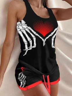 Women's Halloween Lounge Sets Skeleton Rose Pattern Heart Flower Casual Comfort Home Halloween Bed Polyester Breathable Crew Neck Short Sleeve Tank Top Shorts Fall Winter Red Black Black -Ladies Pajamas Store wxsnef1696751804414