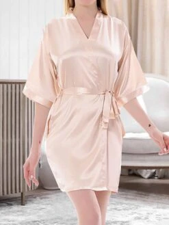 Women's Satin Silk Robe Bathrobe Robes Gown Pure Color Fashion Casual Comfort Home Daily Bed Satin Breathable V Wire Half Sleeve Summer Fall Black White -Ladies Pajamas Store wyarnn1689598032055