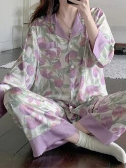 Women's Pajamas Sets Flower Romantic Casual Comfort Home Bed Satin Breathable Lapel Long Sleeve Shirt Pant Button Pocket Fall Winter Purple -Ladies Pajamas Store wyqhvn1697161950440