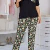 Women's Plus Size Loungewear Sets Flower Fashion Comfort Soft Home Daily Bed Polyester Breathable V Wire Short Sleeve T Shirt Tee Pant Pocket Fall Winter NNS52M-Black -Ladies Pajamas Store wyrdyx1693986211767