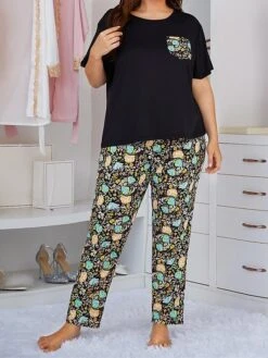 Women's Plus Size Loungewear Sets Flower Fashion Comfort Soft Home Daily Bed Polyester Breathable V Wire Short Sleeve T Shirt Tee Pant Pocket Fall Winter NNS52M-Black