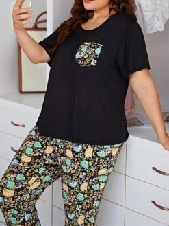 Women's Plus Size Loungewear Sets Flower Fashion Comfort Soft Home Daily Bed Polyester Breathable V Wire Short Sleeve T Shirt Tee Pant Pocket Fall Winter NNS52M-Black -Ladies Pajamas Store wywipi1693986215402