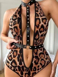 Women's Sexy Lingerie Leopard Sexy Uniforms Romantic Soft Carnival Valentine's Day Club Polyester Gift Halter Neck Sleeveless Backless Summer Spring Black -Ladies Pajamas Store wyxfdu1681974413524