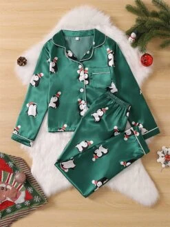 Women's Christmas Pajamas Sets Animal Penguin Simple Casual Comfort Home Bed Satin Breathable Lapel Long Sleeve Shirt Pant Button Pocket Fall Winter Green -Ladies Pajamas Store wzyiej1696751790346