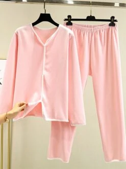 Women's Pajamas Sets Patchwork Warm Fashion Plush Home Daily Bed Cotton Warm Breathable V Wire Long Sleeve Shirt Pant Button Fall Winter Korean Fans Yellow -Ladies Pajamas Store xbyojd1695281886811