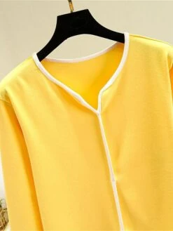 Women's Pajamas Sets Patchwork Warm Fashion Plush Home Daily Bed Cotton Warm Breathable V Wire Long Sleeve Shirt Pant Button Fall Winter Korean Fans Yellow -Ladies Pajamas Store xduzkp1695281894856