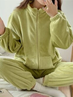 Women's Fleece Pajamas Sets Pure Color Warm Fashion Plush Home Daily Bed Flannel Warm Breathable Stand Collar Long Sleeve Cardigan Pant Pocket Fall Winter Zipper Pink Zipper Beige