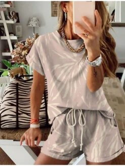 Women's Loungewear Sets Tie Dye Sport Casual Comfort Home Street Daily Cotton Breathable Crew Neck Short Sleeve T Shirt Tee Shorts Pocket Summer Spring White Yellow -Ladies Pajamas Store xepyuc1688103138900