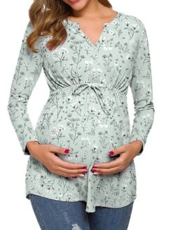 Women's Maternity Tops Pregnancy Shirts Floral Pattern Casual Comfort Pastoral Home Daily Vacation Cotton Breathable V Wire Long Sleeve Fall Winter White Light Green -Ladies Pajamas Store xfkqsk1695281869036