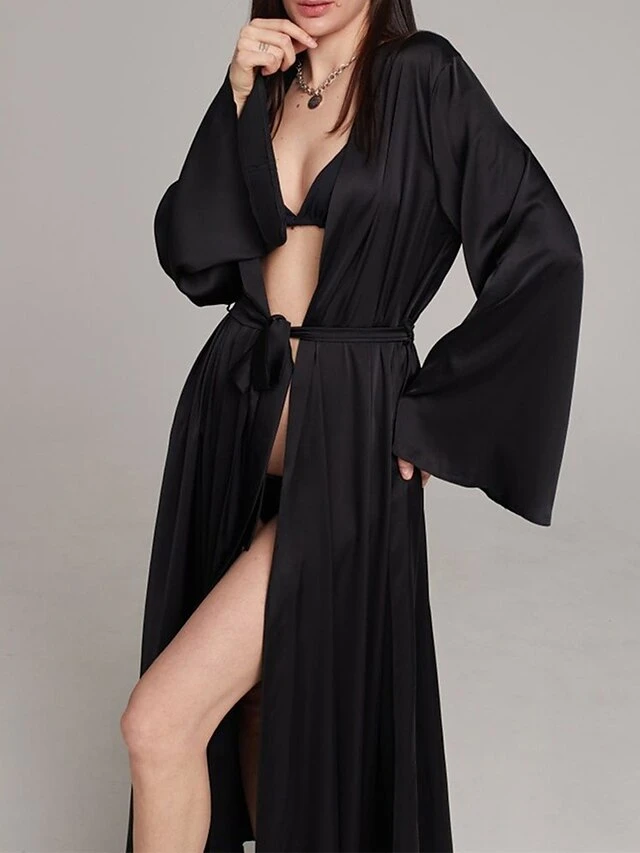 Women's Pajamas Bathrobe Robes Gown Pure Color Simple Casual Comfort Wedding Party Satin Breathable V Wire Long Sleeve Fall Winter Black White 3 Women's Pajamas Bathrobe Robes Gown Pure Color Simple Casual Comfort Wedding Party Satin Breathable V Wire Long Sleeve Fall Winter Black White