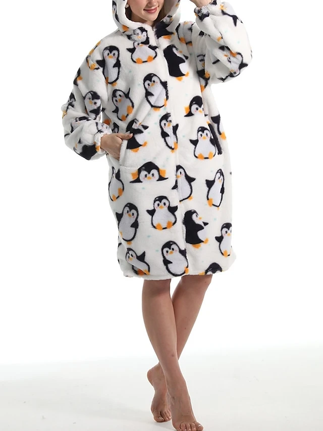 Women's Robe Penguin Plush Casual Comfort Home Daily Bed Flannel Warm Breathable Hoodie Long Sleeve Pocket Fall Winter White 3 Women's Robe Penguin Plush Casual Comfort Home Daily Bed Flannel Warm Breathable Hoodie Long Sleeve Pocket Fall Winter White