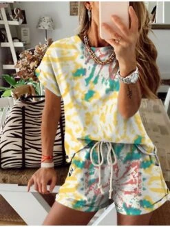 Women's Loungewear Sets Tie Dye Sport Casual Comfort Home Street Daily Cotton Breathable Crew Neck Short Sleeve T Shirt Tee Shorts Pocket Summer Spring White Yellow -Ladies Pajamas Store xhvtyx1688103141456