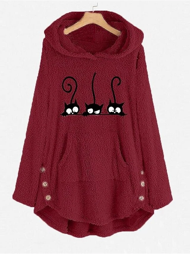 Women's Loungewear Top Cat Fashion Plush Halloween Street Date Fleece Breathable Hoodie Long Sleeve Button Pocket Fall Winter Lotus Pink Black 8 Women's Loungewear Top Cat Fashion Plush Halloween Street Date Fleece Breathable Hoodie Long Sleeve Button Pocket Fall Winter Lotus Pink Black - Image 6