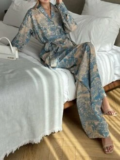 Women's Loungewear Sets Flower Fashion Casual Comfort Home Daily Vacation Polyester Warm Breathable Lapel Long Sleeve Shirt Pant Button Fall Winter Blue -Ladies Pajamas Store xjqkcd1693899208548