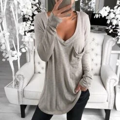 Women's Plus Size Loungewear Top Nighty Pure Color Basic Simple Comfort Home Daily Cotton V Wire Long Sleeve Pocket Spring Fall White Black -Ladies Pajamas Store xjsrel1660905028981