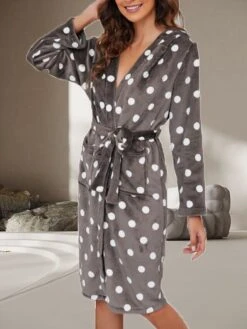 Women's Flannel Robes Gown Dot Simple Casual Comfort Home Daily Bed Breathable V Wire Long Sleeve Pocket Fall Winter Gray -Ladies Pajamas Store xkgcgr1689506619275