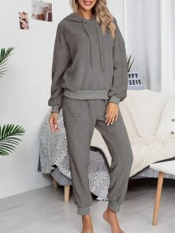 Women's Fleece Lounge Sets 2 Pieces Pure Color Fashion Casual Comfort Street Daily Date Polyester Warm Hoodie Long Sleeve Pant Fall Winter Pink Camel -Ladies Pajamas Store xkltmr1689845869043