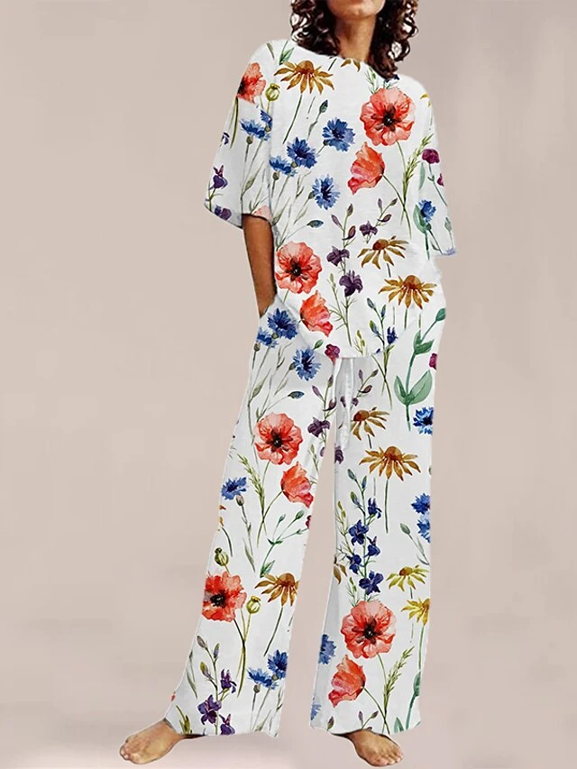 Women's Loungewear Sets 2 Pieces Flower Plant Simple Comfort Sweet Home Daily Polyester Breathable Crew Neck Short Sleeve Pullover Pant Pocket Summer Spring White Light Green 4 Women's Loungewear Sets 2 Pieces Flower Plant Simple Comfort Sweet Home Daily Polyester Breathable Crew Neck Short Sleeve Pullover Pant Pocket Summer Spring White Light Green - Image 2