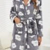 Women's Plush Robe Bathrobe Robes Gown Cartoon Fashion Casual Home Daily Bed Polyester Warm Breathable V Wire Long Sleeve Pocket Summer Fall Gray -Ladies Pajamas Store xlbyzk1690788965688