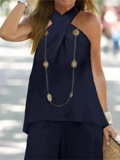 Women's Loungewear Sets Pure Color Simple Casual Comfort Street Daily Date Polyester Breathable Halter Sleeveless Tank Top And Wide Leg Pants Summer Spring White Navy Blue 11 Women's Loungewear Sets Pure Color Simple Casual Comfort Street Daily Date Polyester Breathable Halter Sleeveless Tank Top And Wide Leg Pants Summer Spring White Navy Blue -Ladies Pajamas Store xlfqbo1681730733460