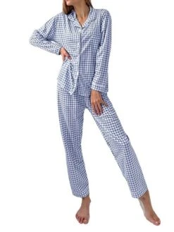 Women's Pajamas Sets Grid / Plaid Fashion Casual Soft Home Daily Bed Polyester Breathable Lapel Long Sleeve Shirt Pant Button Fall Winter Blue -Ladies Pajamas Store xlgszv1693206723903