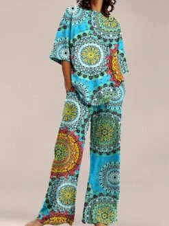 Women's Petite Sets 2 Pieces Geometic Comfort Home Polyester Crew Neck Short Sleeve Pullover Pant Pocket Summer Spring Blue