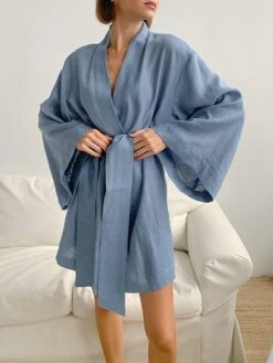 Women's Pajamas Bathrobe Robes Gown Pure Color Simple Casual Comfort Home Daily Bed Cotton And Linen Breathable V Wire Long Sleeve Fall Royal Blue Blue -Ladies Pajamas Store xpwzgb1693206732123