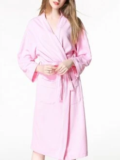 Women's Cotton Robe Pure Color Simple Casual Comfort Home Bed Wedding Party Breathable V Wire Long Sleeve Pocket Fall Winter White Pink -Ladies Pajamas Store xqpadp1694072383973