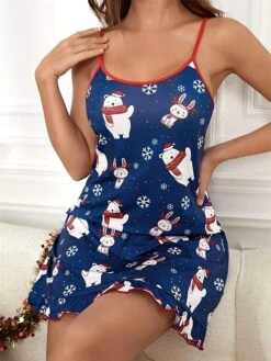 Women's Christmas Pajamas Nightgown Nightshirt Dress Snowman Snowflake Fashion Comfort Soft Home Xmas Bed 0Breathable Straps Sleeveless Backless Winter Fall Blue -Ladies Pajamas Store xtwmlb1667558911660
